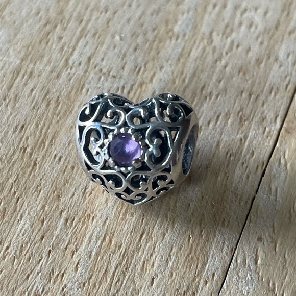 Pandora Jewelry - Pandora Silver Filigree Heart Charm with Purple Accent